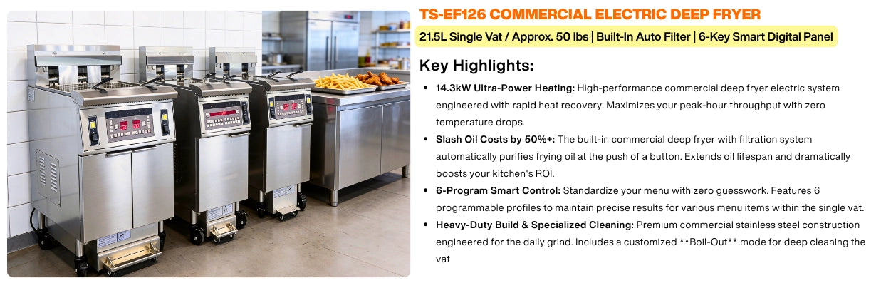 Key highlights of the TS-EF126 commercial deep fryer electric system, featuring 14.3kW ultra-power heating, a built-in auto filter to slash oil costs, and a specialized boil-out mode for deep cleaning.