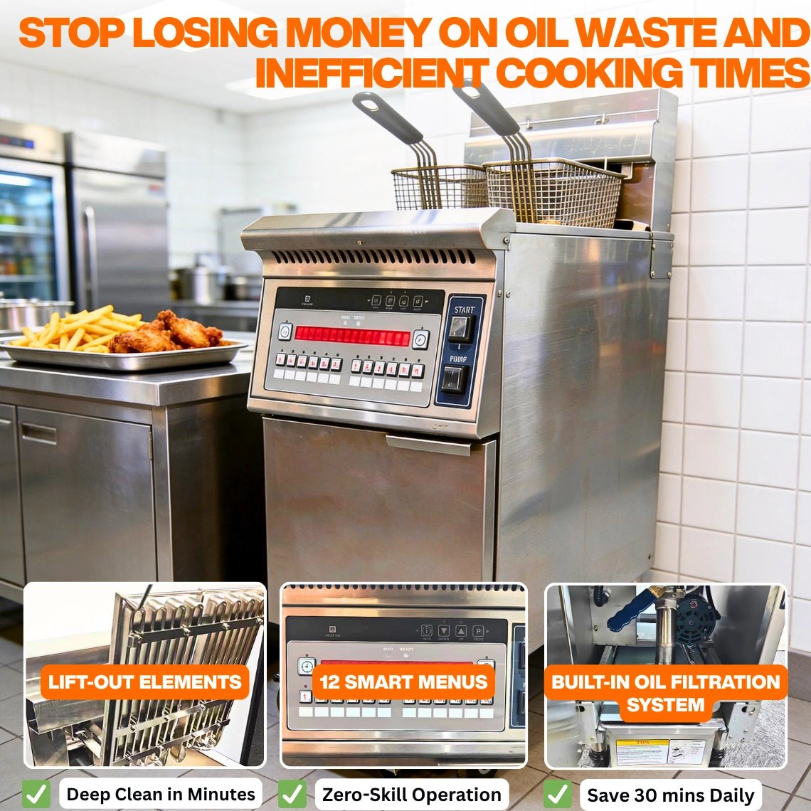 Infographic detailing the key value propositions of the TS-EF126 commercial electric fryer: Slash oil costs by 50%+ and achieve labor savings with smart operation.