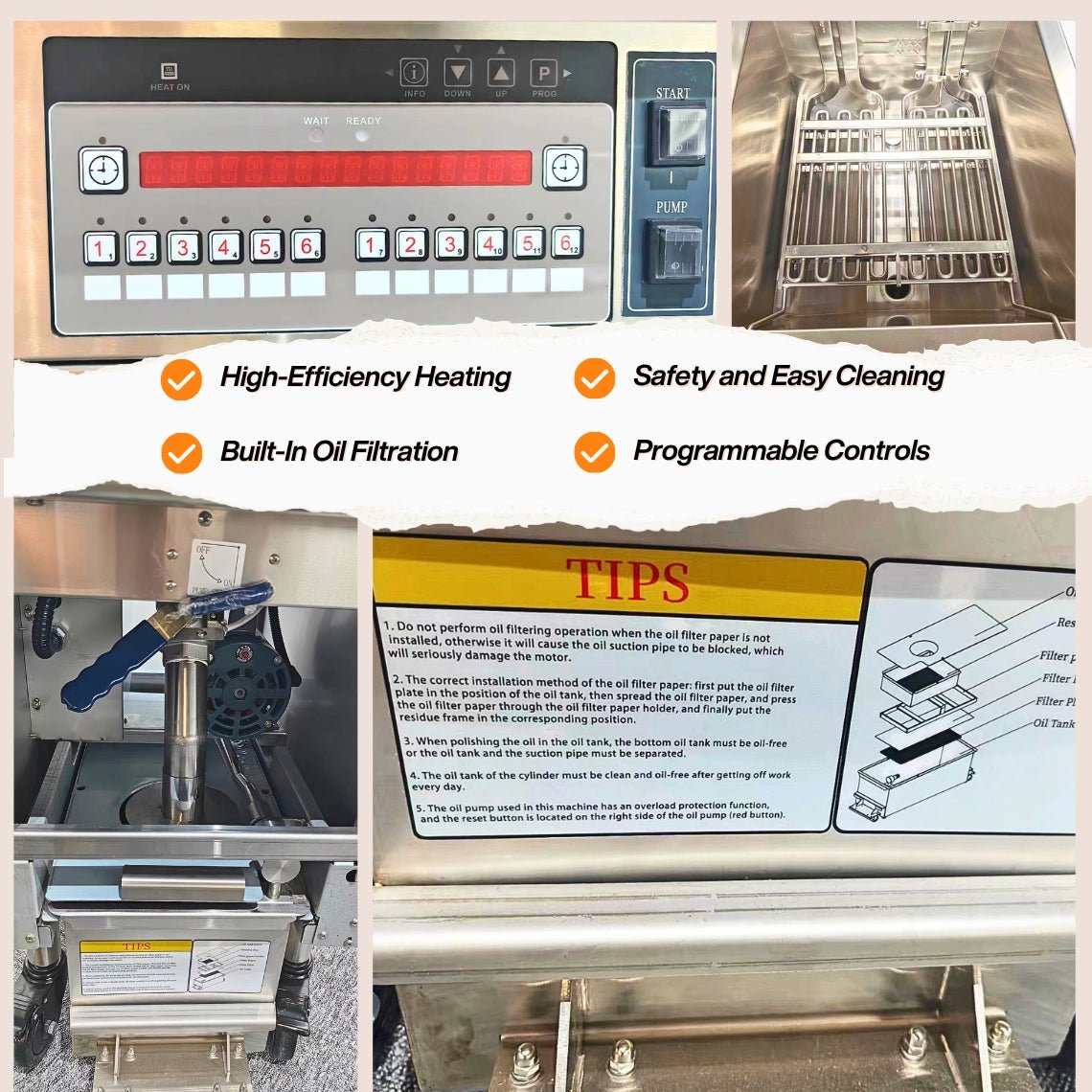 Multiple detail views of the Tenshine TS-EF126 electric fryer commercial unit, including built-in filtration and a guide for effective boil-out cleaning.