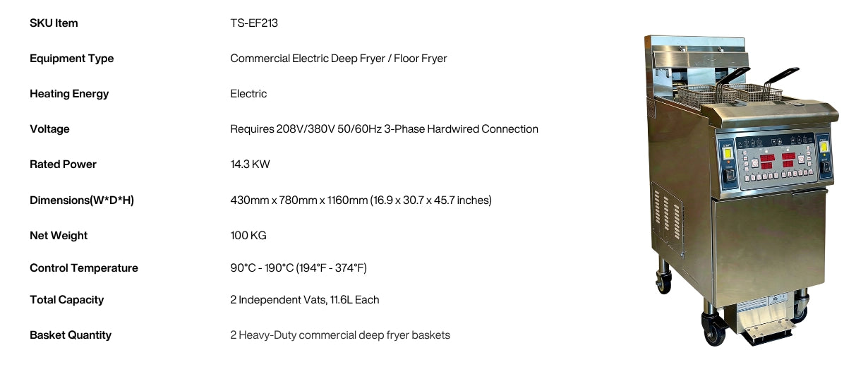 Technical specifications for the TS-EF213 3-phase electric fryer, detailing 14.3kW power, 208V/380V voltage, and exact dimensions.