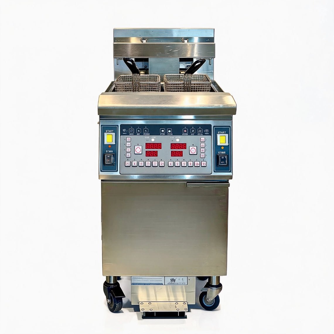 Front view of the Tenshine TS-EF213 commercial electric deep fryer, showcasing dual 11.6L vats and an intelligent 6-program digital control panel.