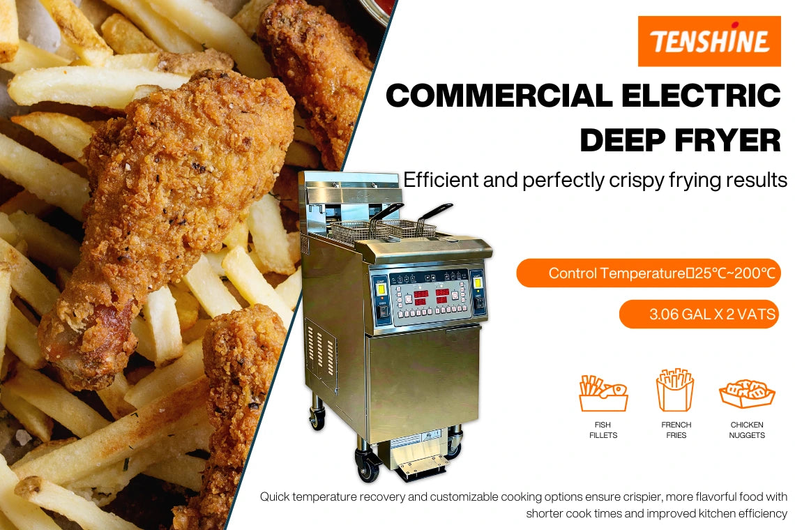 Tenshine TS-EF213 commercial electric deep fryer featuring dual vats and efficient 3-phase heating for perfectly crispy results.