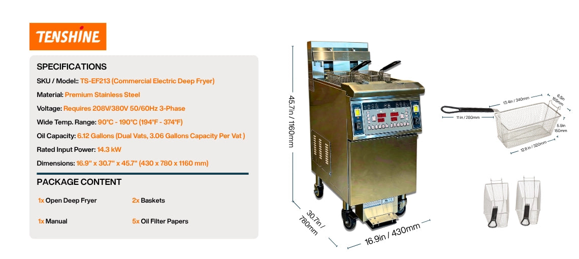 Dimensional chart and oil capacity details for the TS-EF213 commercial fryer and heavy-duty fry baskets.