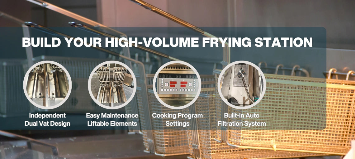 High-volume frying station benefits of the TS-EF213 double vat deep fryer, highlighting liftable elements and auto filtration system.