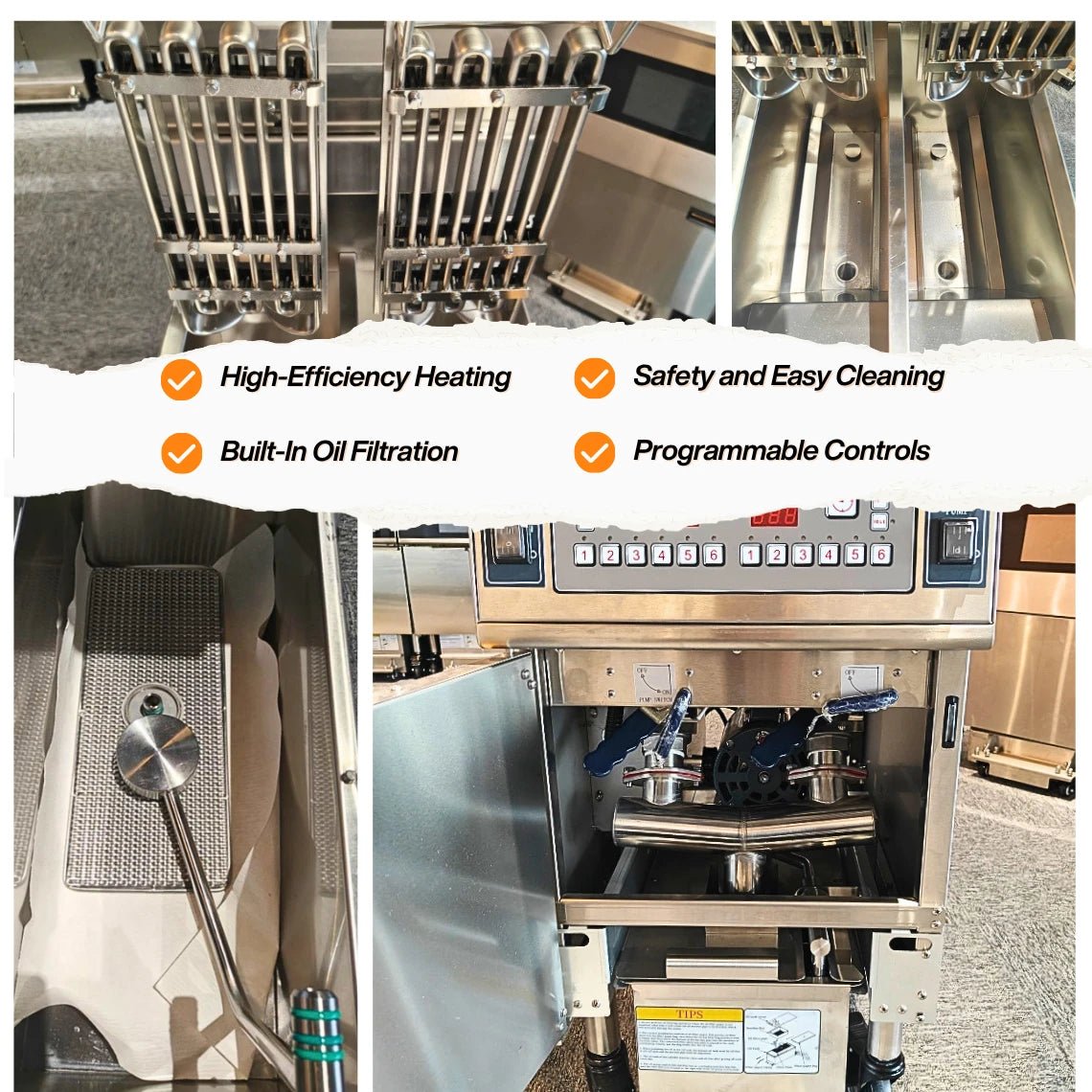Internal components of the TS-EF213 freestanding deep fryer, illustrating the heavy-duty oil pump, dual vat layout, and high-efficiency heating elements.