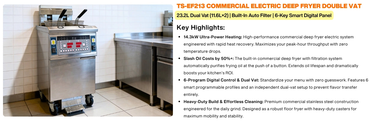 Key highlights of the TS-EF213 heavy-duty floor fryer, showcasing its 14.3kW rapid heat recovery and 6-program digital control panel.