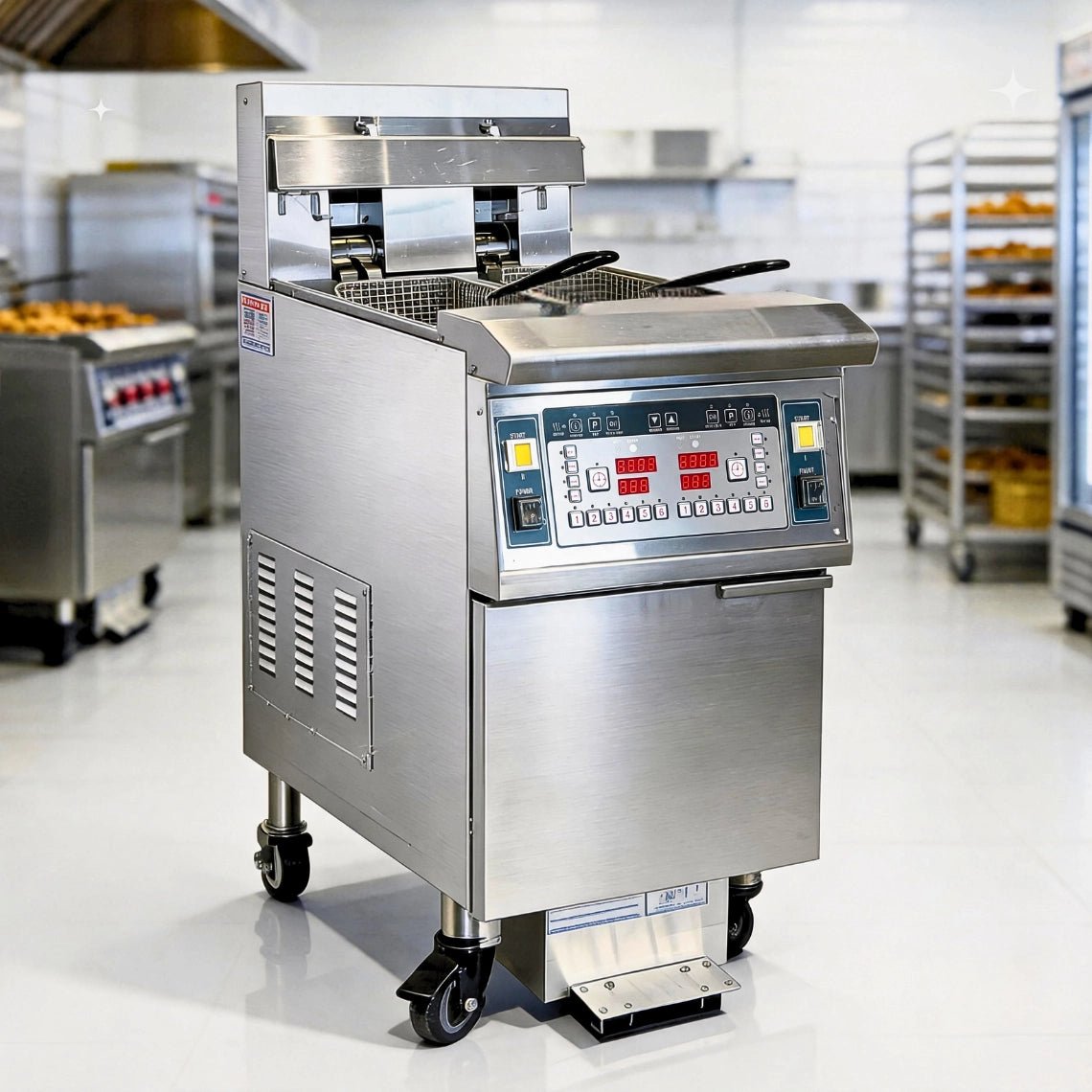 TS-EF213 heavy-duty restaurant fryer installed in a commercial kitchen, featuring stainless steel construction and a built-in oil filtration system.