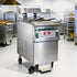 TS-EF213 heavy-duty restaurant fryer installed in a commercial kitchen, featuring stainless steel construction and a built-in oil filtration system.