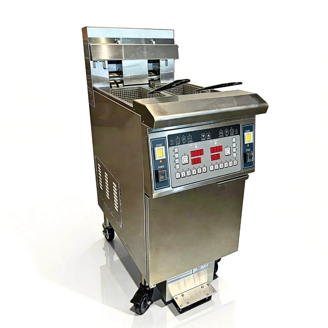 Side profile of the TS-EF213 industrial deep fryer on a white background, highlighting its robust stainless steel chassis and heavy-duty mobility casters.