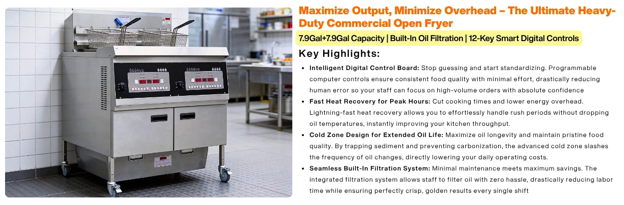 Detailed diagram of the TS-EF302 showcasing the highly accurate commercial deep fryer thermostat and structural design that simplifies how to clean deep fryers commercial style.