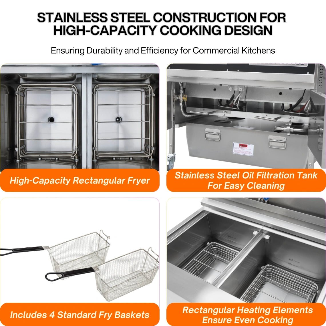 Durable heavy-duty stainless steel construction details of the TS-EF302, perfectly compatible with high-quality commercial deep fryer accessories and heavy loads.