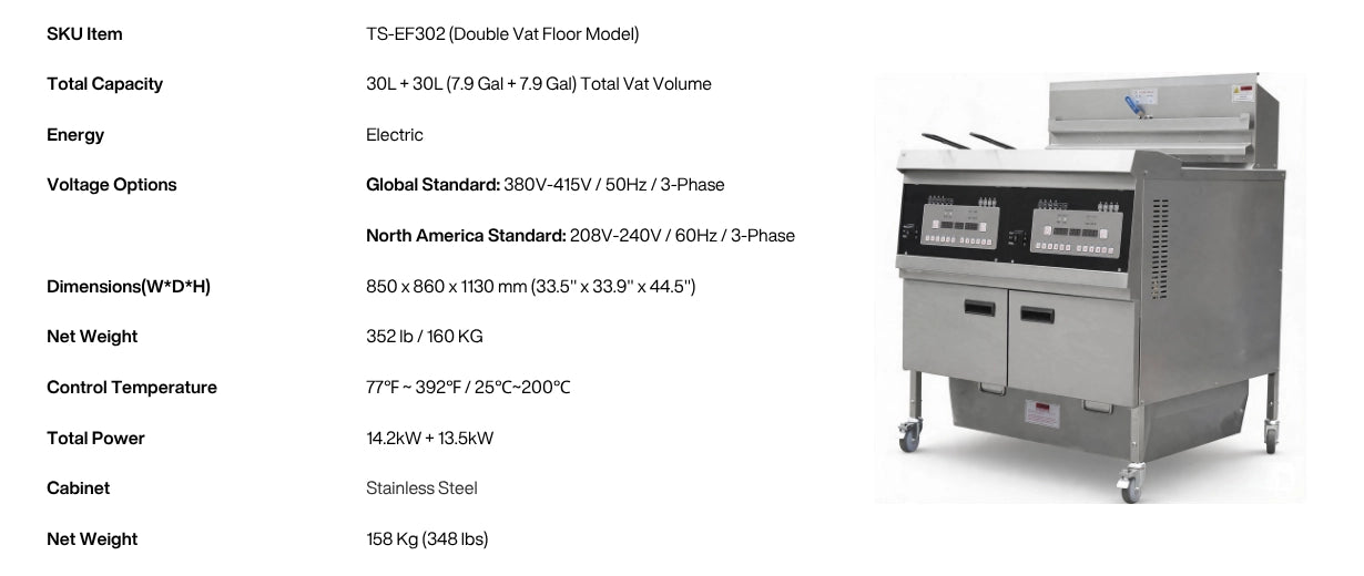 Technical specifications table for the TS-EF302 electric commercial deep fryer, detailing dual 30L vats that easily exceed the capacity of a standard 40 lb commercial deep fryer.
