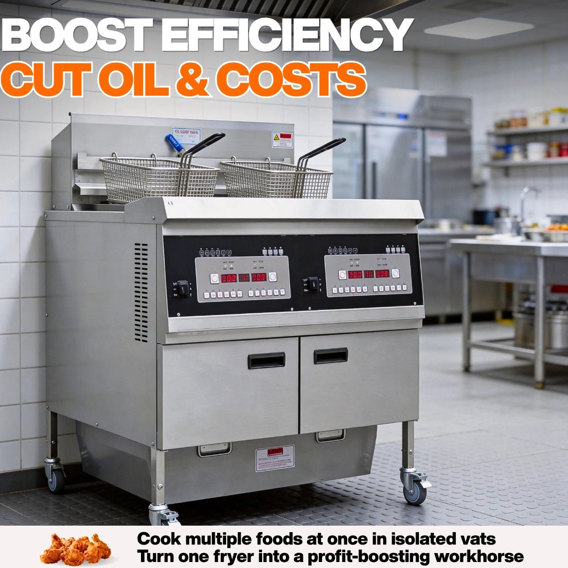 Maximize your kitchen's ROI and reduce cooking oil consumption using the efficient heat recovery and commercial deep fryer filter capabilities of the TS-EF302.