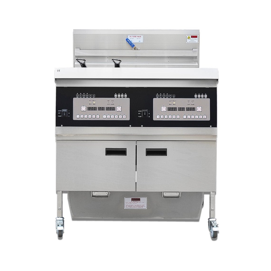 Clear front view of the TS-EF302 3-phase electric commercial deep fryer, featuring a heavy-duty double vat layout designed for professional restaurant kitchens.