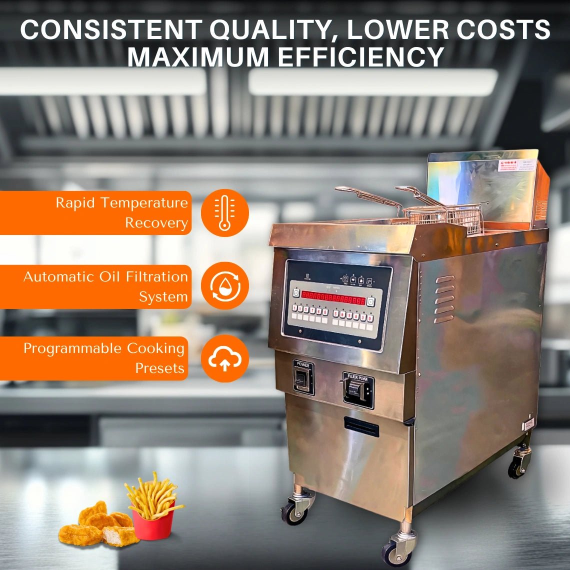 Performance breakdown of the 14.2kw heavy duty electric fryer showcasing its fast heat recovery and oil-saving capabilities.