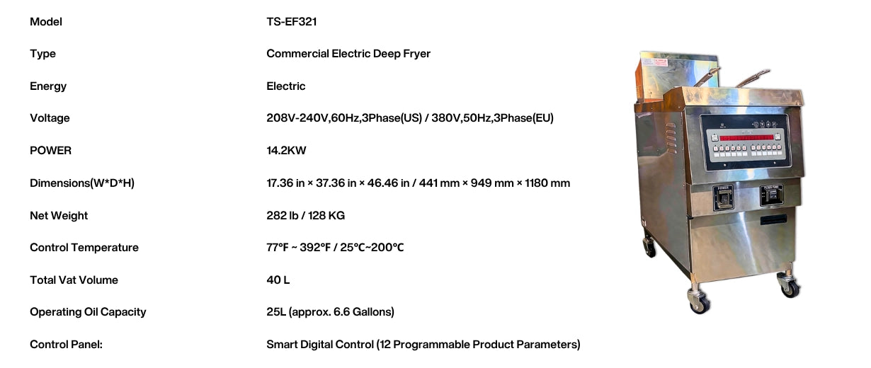 Complete technical specification table for the TS-EF321 3 phase commercial fryer including voltage, capacity, and dimension data.