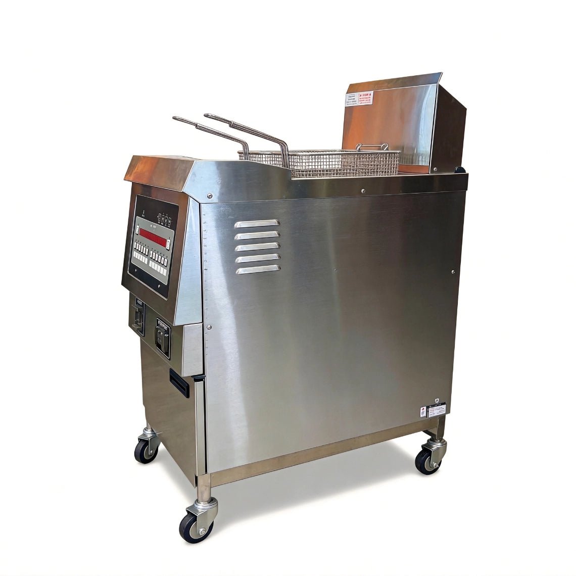 Side profile of the TS-EF321 commercial deep fryers electric unit, highlighting its robust stainless steel build and heavy-duty casters.