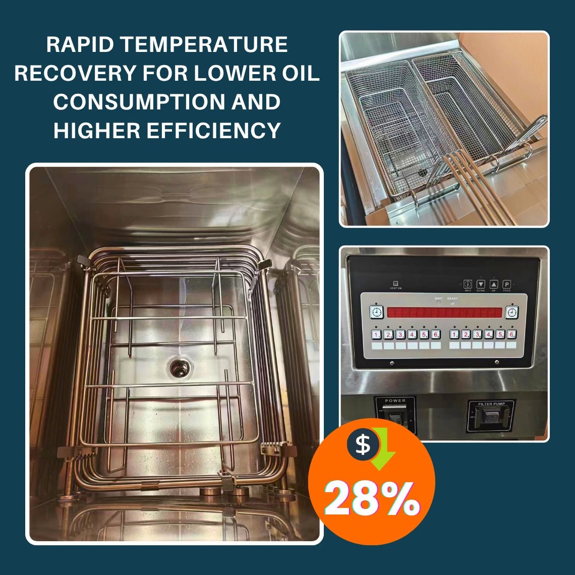 Detailed interior view of the 40L vat inside the TS-EF321 commercial electric fryer featuring high-efficiency heating elements.