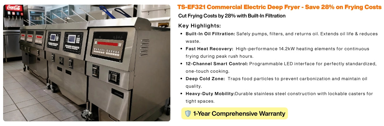 In-depth graphical guide explaining the operational and oil-saving benefits of the TS-EF321 electric commercial deep fryer.