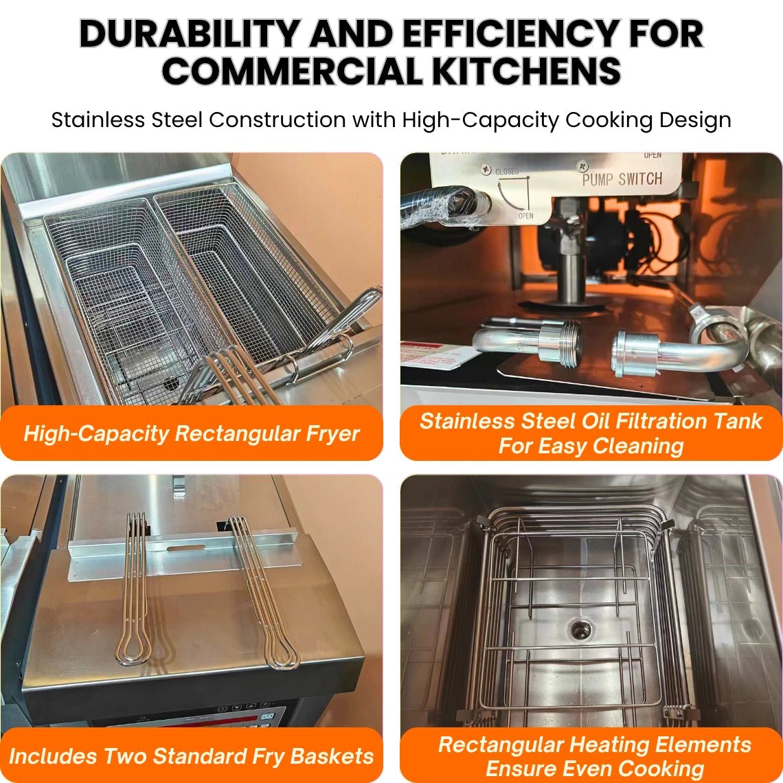 Four-panel collage displaying the durable 304 stainless steel construction of the TS-EF321 electric fryer commercial unit.