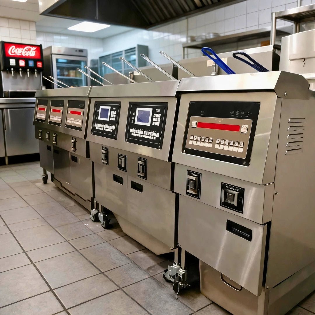 The TS-EF321 restaurant electric fryer installed in a busy commercial kitchen, showcasing its heavy-duty space-saving design.