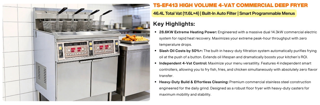 Key highlights of the TS-EF413, functioning as both a large electric deep fryer commercial and an integrated commercial fryer filter machine.