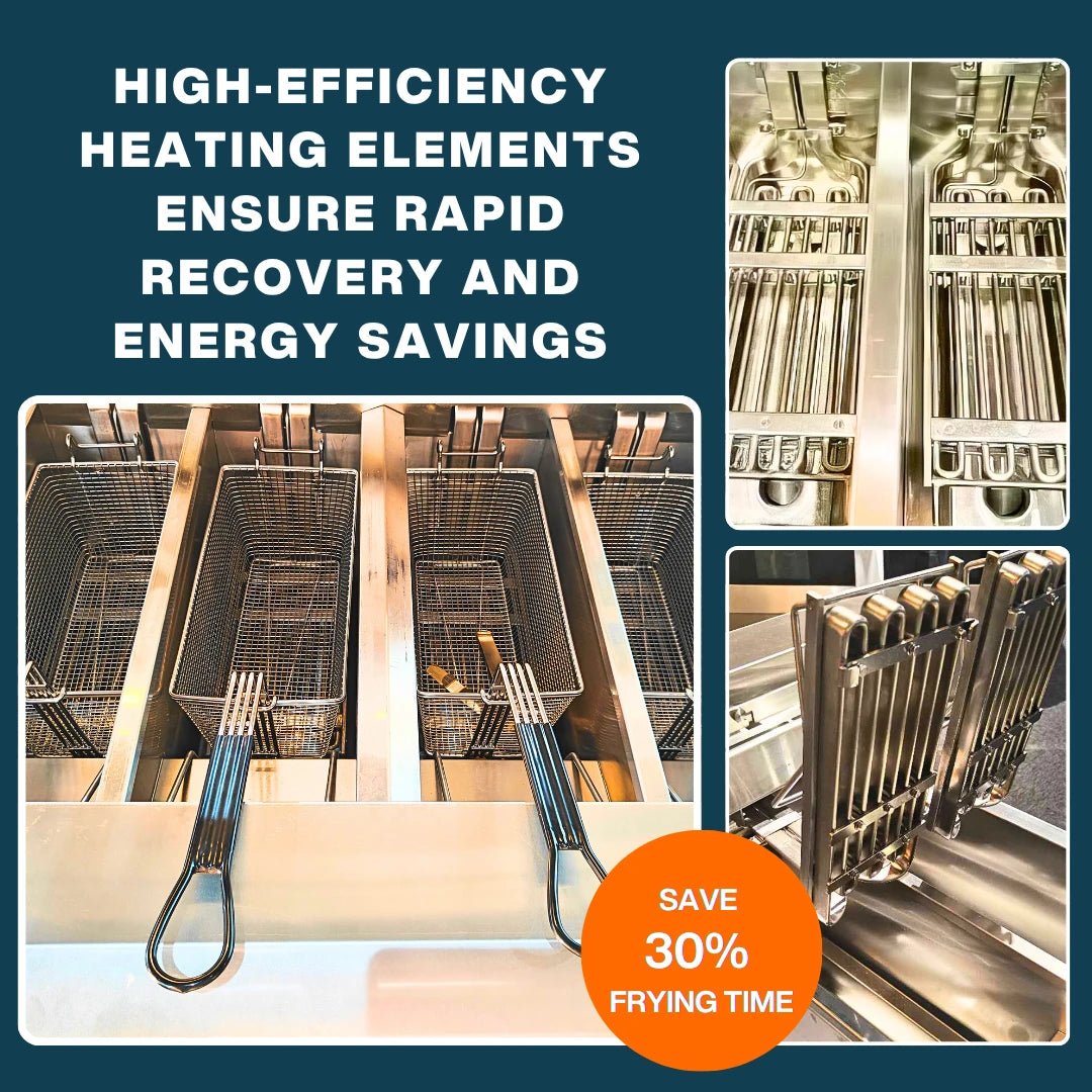 High-efficiency tubular heating elements inside the TS-EF413 large electric deep fryer commercial, engineered for rapid heat recovery and energy savings.