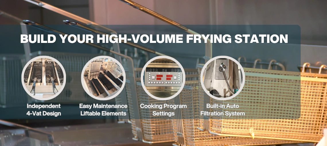 Build your high-volume frying station with the TS-EF413 restaurant fryer, featuring an independent 4-vat design and a built-in auto filtration system.
