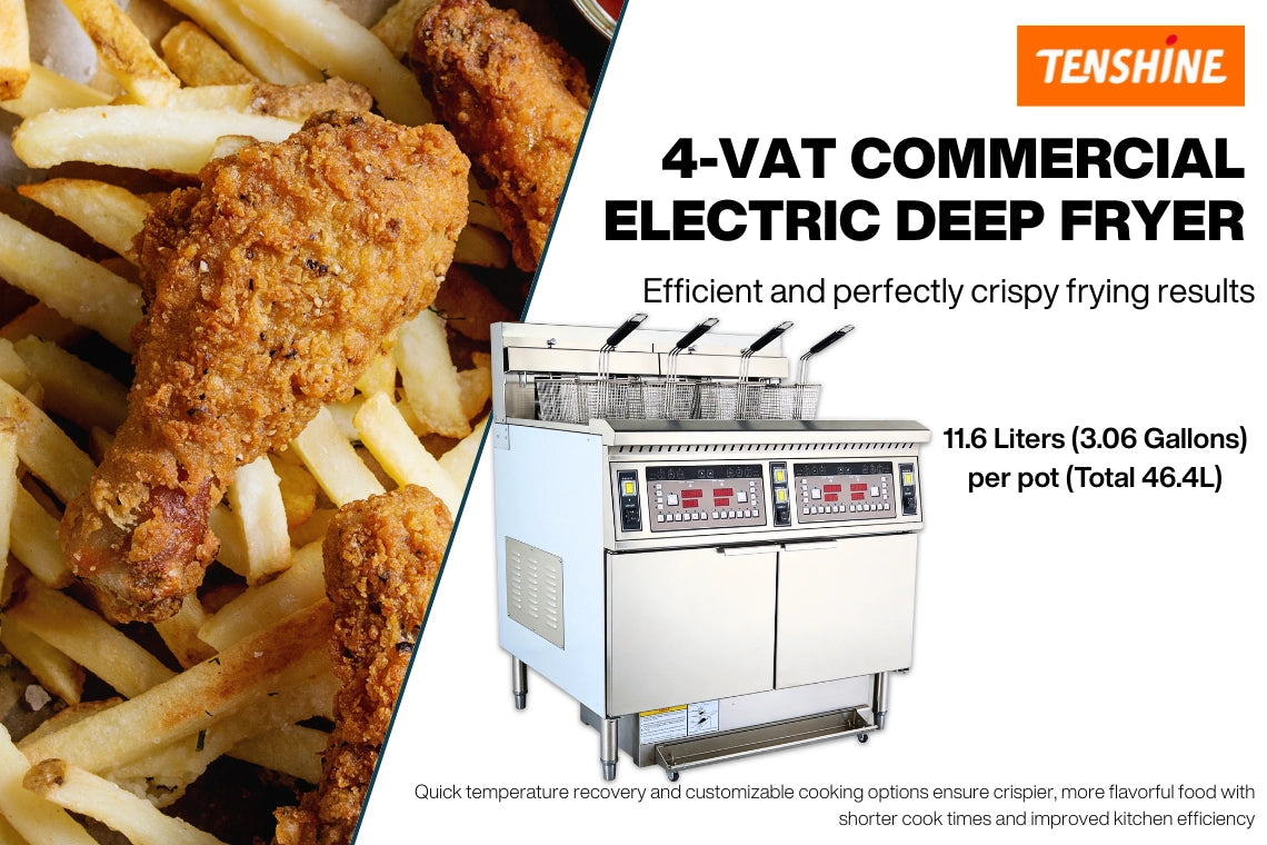 Tenshine TS-EF413 large commercial electric deep fryer, featuring a total 46.4L oil capacity across 4 independent vats for perfectly crispy results