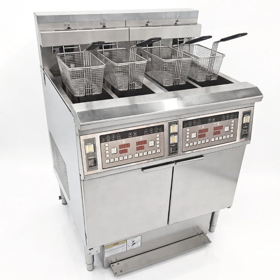 Front angled view of the Tenshine TS-EF413 large commercial electric fryer, featuring 4 independent vats and heavy-duty stainless steel construction.