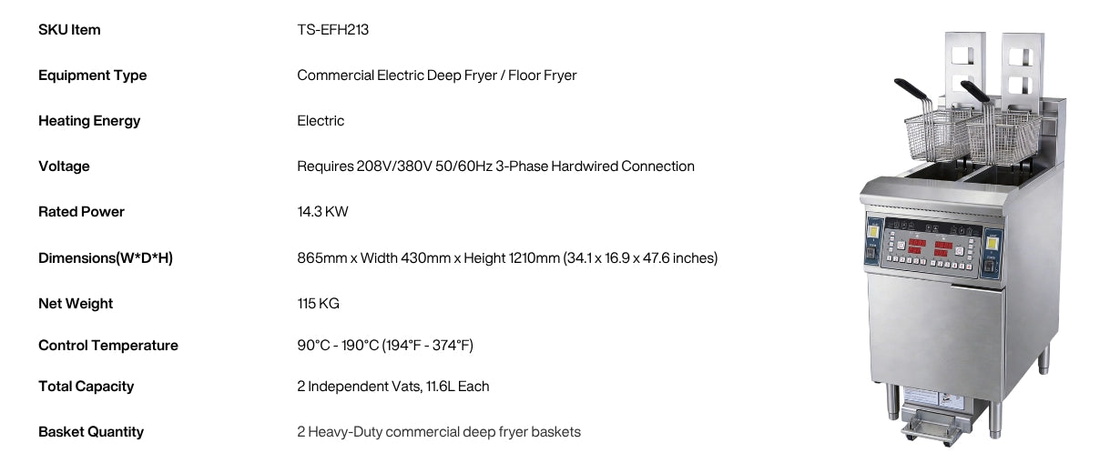 Technical specifications for the TS-EFH213 3-phase commercial fryer, detailing the 14.3kW power, auto-lift feature, and exact dimensions.