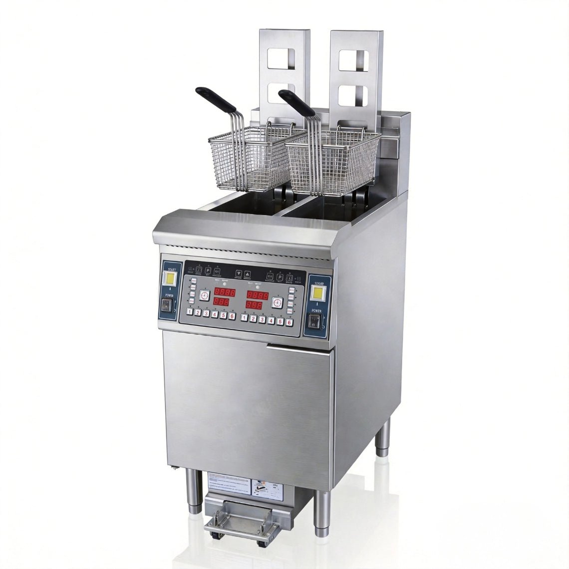 Front view of the Tenshine TS-EFH213 auto-lift commercial fryer, showcasing the dual vat design and automated basket lift mechanism.