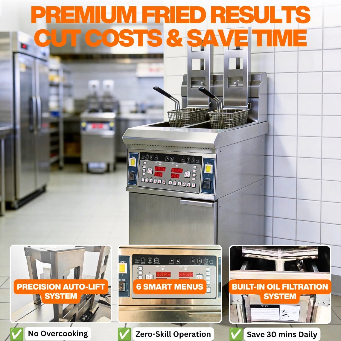Core benefits of the TS-EFH213 commercial deep fryer with filtration system, featuring zero-skill 6-menu operation and no-overcook auto-lift.