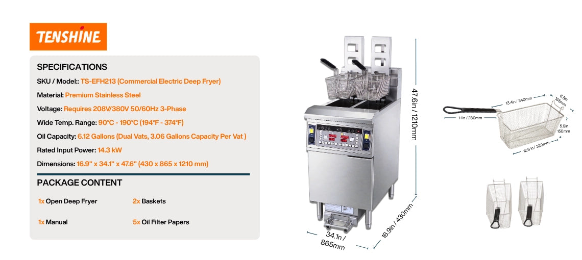 Dimensional chart and oil capacity details for the TS-EFH213 dual vat electric fryer and its heavy-duty auto-lift baskets.