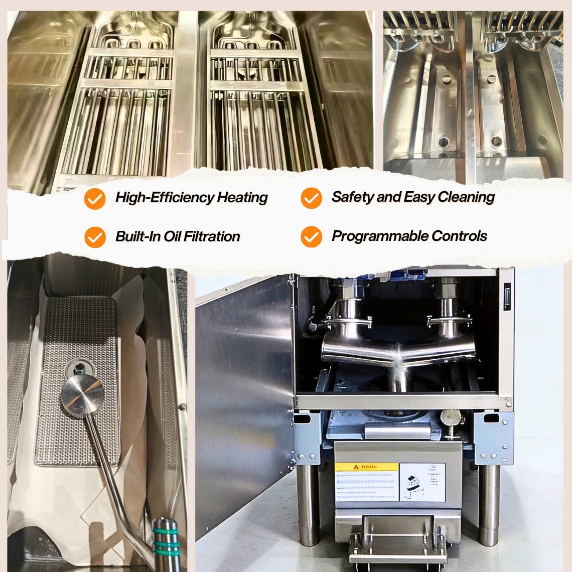 Detailed internal components of the TS-EFH213 freestanding fryer, showing high-efficiency heating elements and the robust oil pump system.