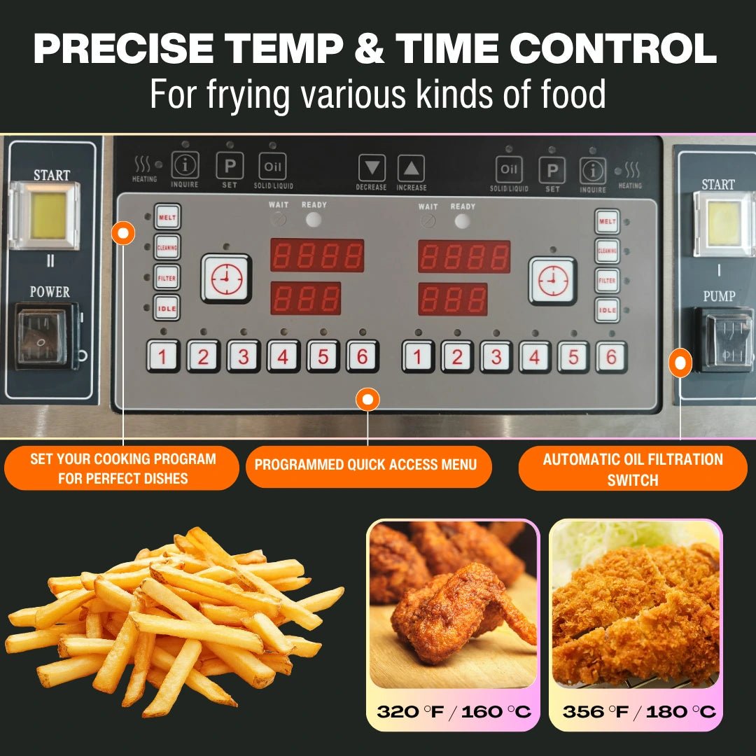 Close-up of the smart digital control panel on the TS-EFH213 heavy-duty electric fryer, displaying precise temperature settings and quick access menus.