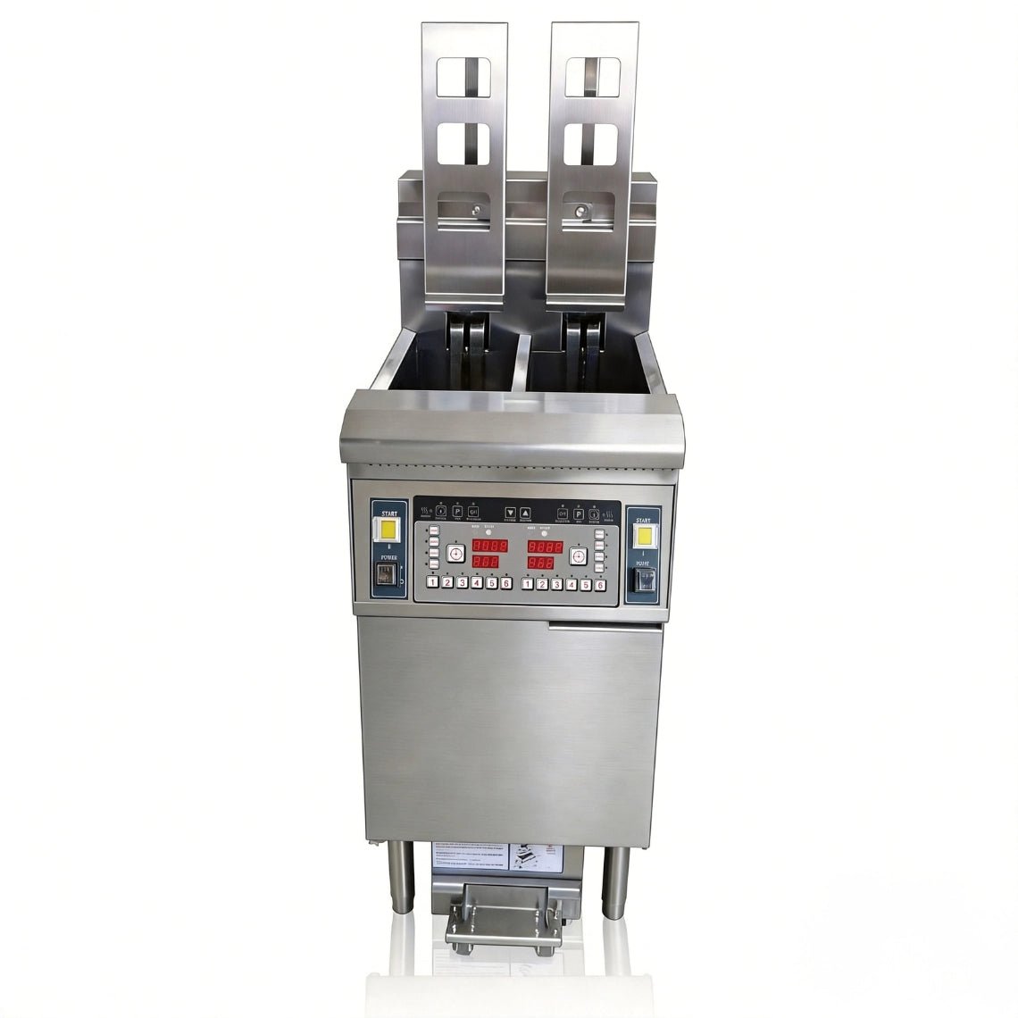 The TS-EFH213 programmable commercial deep fryer with the precision auto-lift brackets in the raised position for safe, hands-free operation.