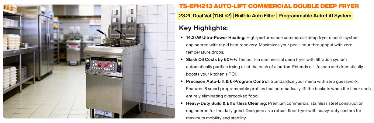 Key highlights of the TS-EFH213 programmable commercial fryer, showcasing its precision auto-lift system and 6-program digital control panel.