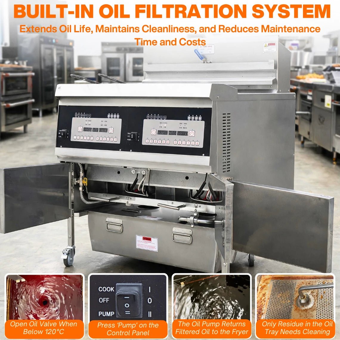 The integrated quick-drain valve and filtration system of the TS-GF302 reduces the need to fix commercial deep fryer components by preventing heavy carbonization and extending oil life.
