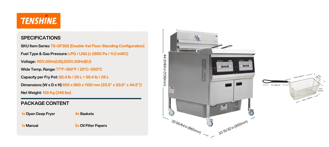 Detailed power and gas pressure data for the TS-GF302 commercial gas deep fryer for sale, confirming its compatibility with robust LPG and LNG setups (≤ 2800 Pa).
