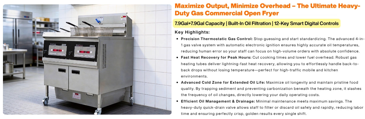 Core performance highlights of the TS-GF302 commercial outdoor propane deep fryer, including its advanced cold zone and heavy-duty 4-in-1 gas valves.