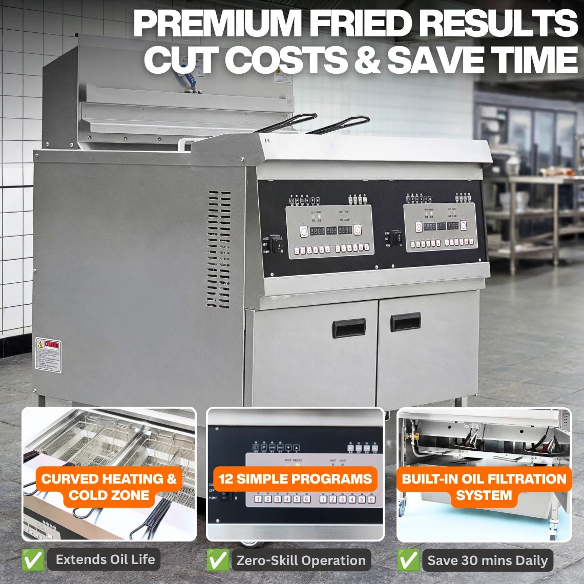 Three core performance features of the TS-GF302 commercial propane deep fryers including rapid heat recovery, durable cold zone design, and advanced gas control.