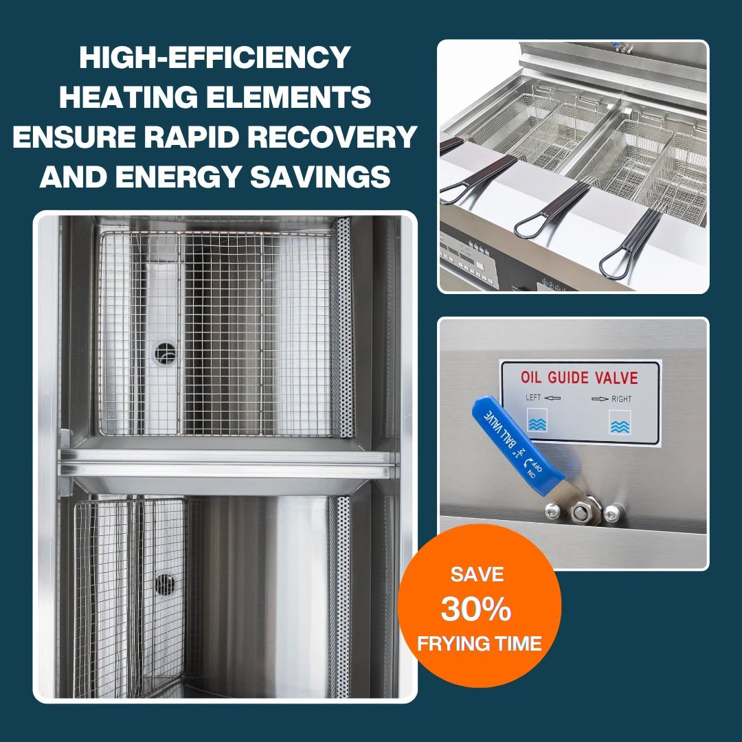 Multiple angles showcasing the dual 26L vats of the TS-GF302 gas fryer commercial unit, outperforming a standard 40 lb commercial deep fryer in high-traffic kitchens.