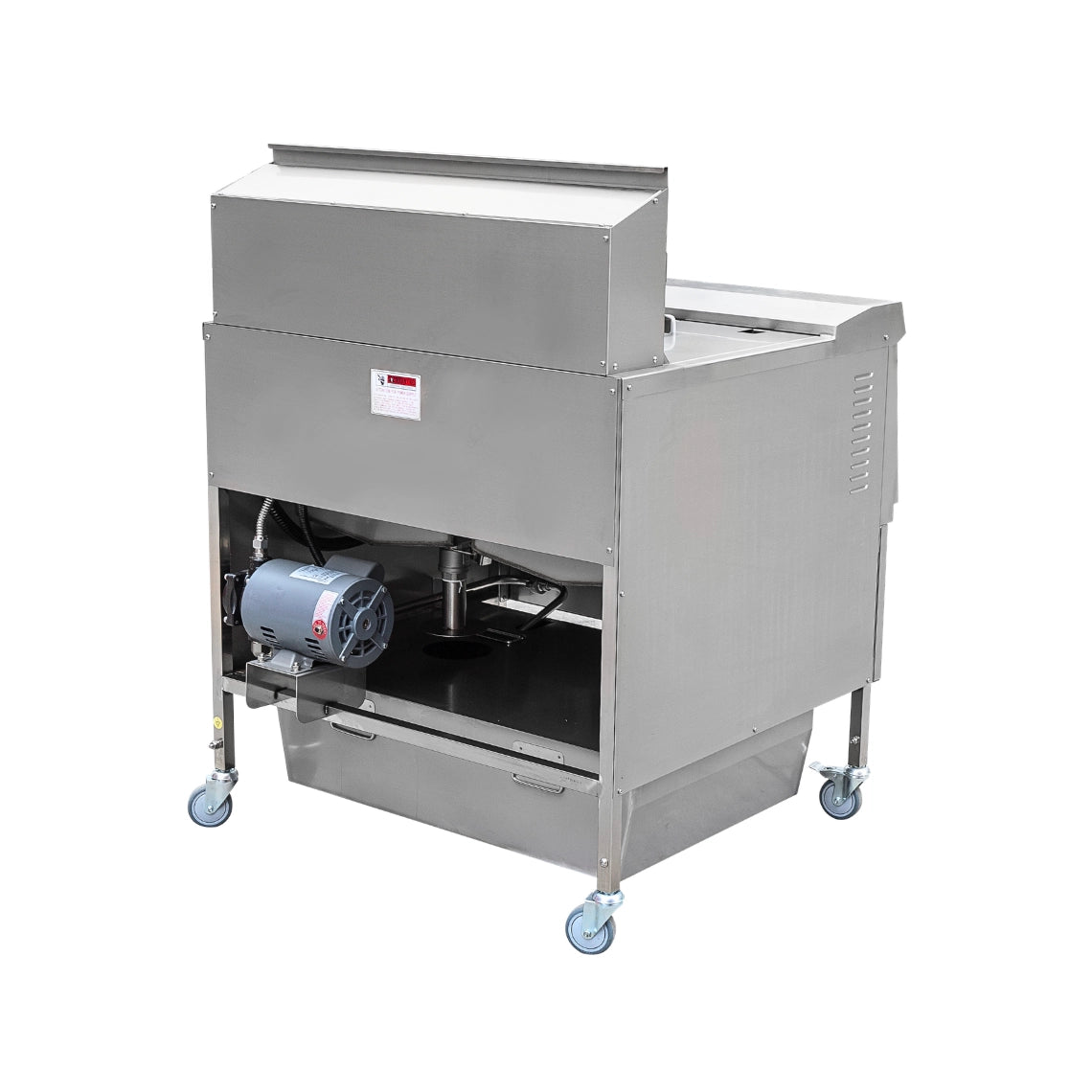 Rear view of the TS-GF302 gas fryer commercial configuration, displaying the heavy-duty oil filter pump and accessible gas connections designed for simplified B2B maintenance.