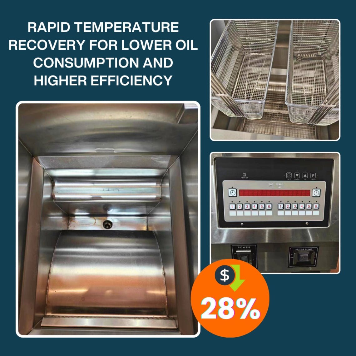 Close-up interior view of the 25L open vat inside the TS-GF321 commercial gas deep fryer showing the heating tubes and deep cold zone.