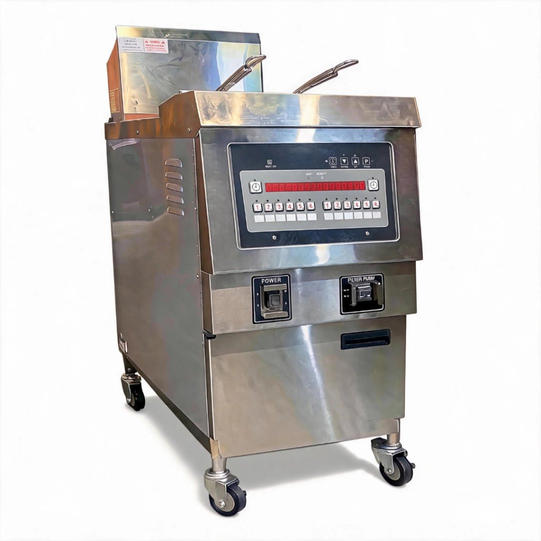 Front view of the TS-GF321 commercial gas deep fryer showcasing its sturdy 304 stainless steel construction.