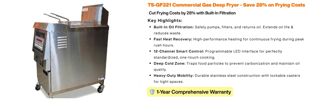 Detailed graphical guide explaining the operational and cost-saving benefits of the TS-GF321 commercial lpg deep fryer.