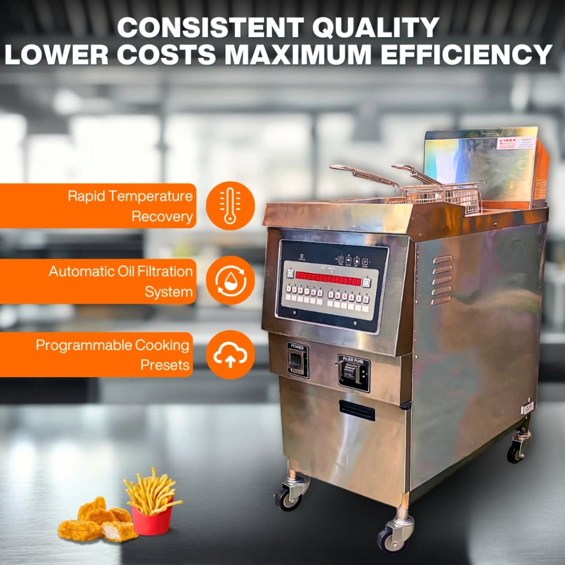 Visual breakdown of the three core functions that make the TS-GF321 an ideal commercial propane deep fryer for food trucks.