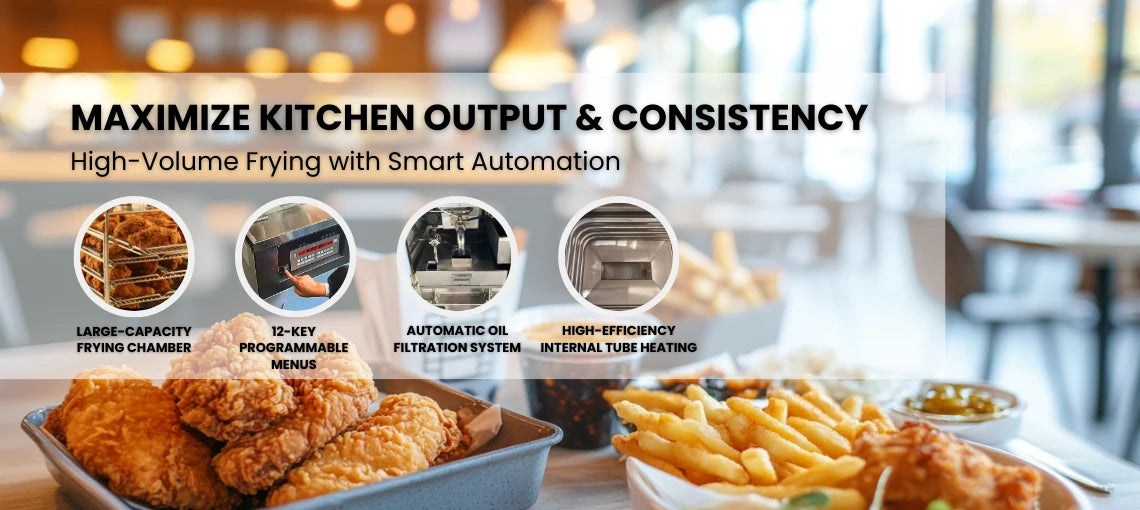 Key features of the Tenshine TS-GF5910 commercial gas fryer including large-capacity frying chamber, 12-key programmable menus, automatic oil filtration, and high-efficiency tube heating.