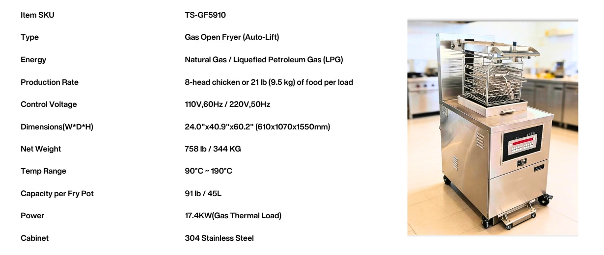 Detailed technical specifications of the TS-GF5910 commercial gas open fryer, detailing its 17.4KW gas thermal load, 45L capacity, and heavy-duty dimensions.